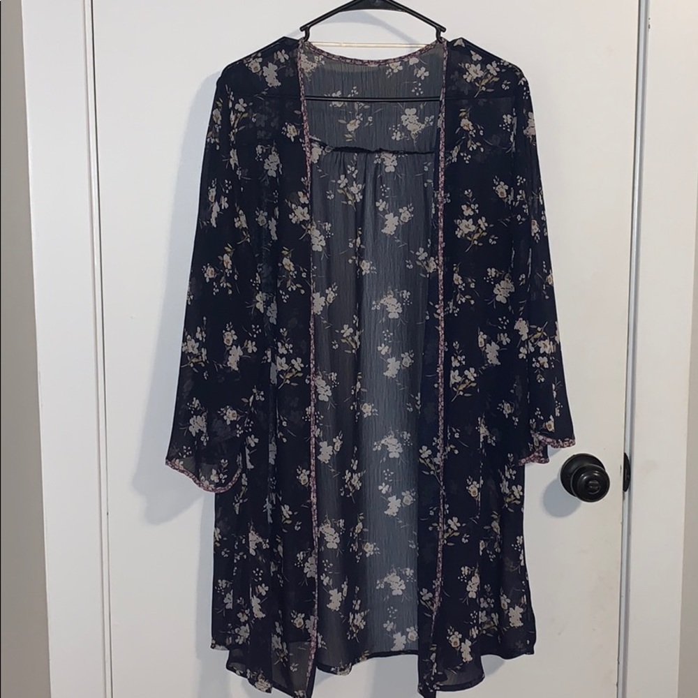 Navy sheer kimono with white flowers